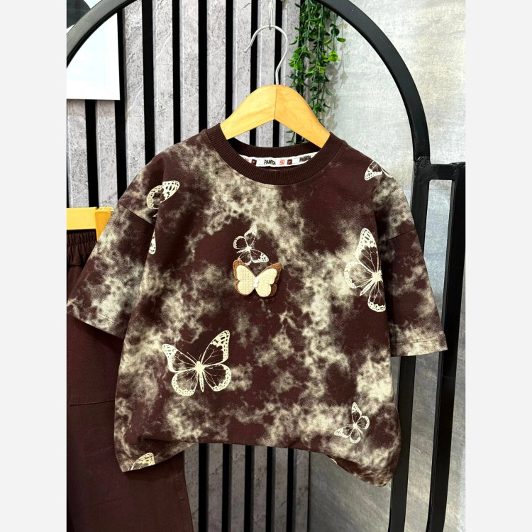 لباس دخترانه طرح پروانه نخ پنبه لاکرا تیشرت و شلوار سایز 50 تا 65