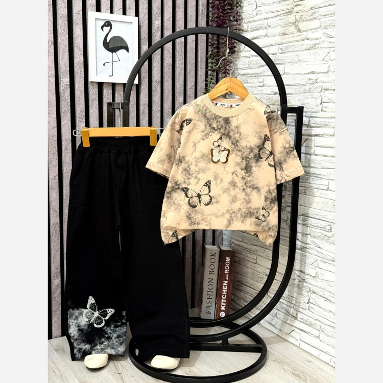 لباس دخترانه طرح پروانه نخ پنبه لاکرا تیشرت و شلوار سایز 50 تا 65