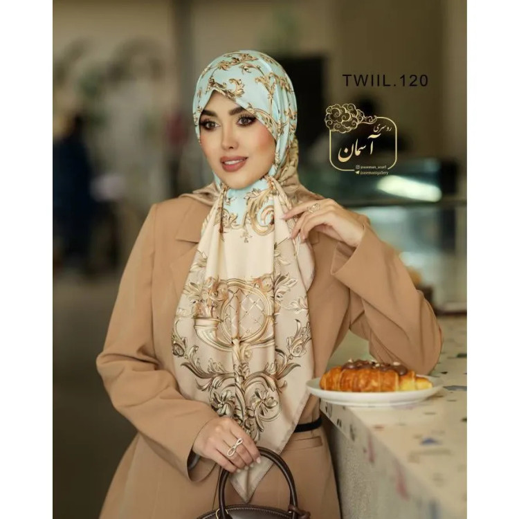 روسری ساتن ابریشم طرح رزیتا قواره 140 دور دوخت ایستایی عالی