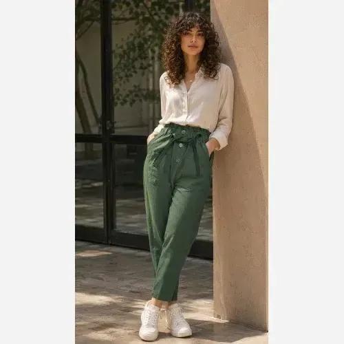 شلوار مام فیت کتان کش زنانه سبز کمر هویجی بنددار قد 90 تا 92 سایز 38 تا 46