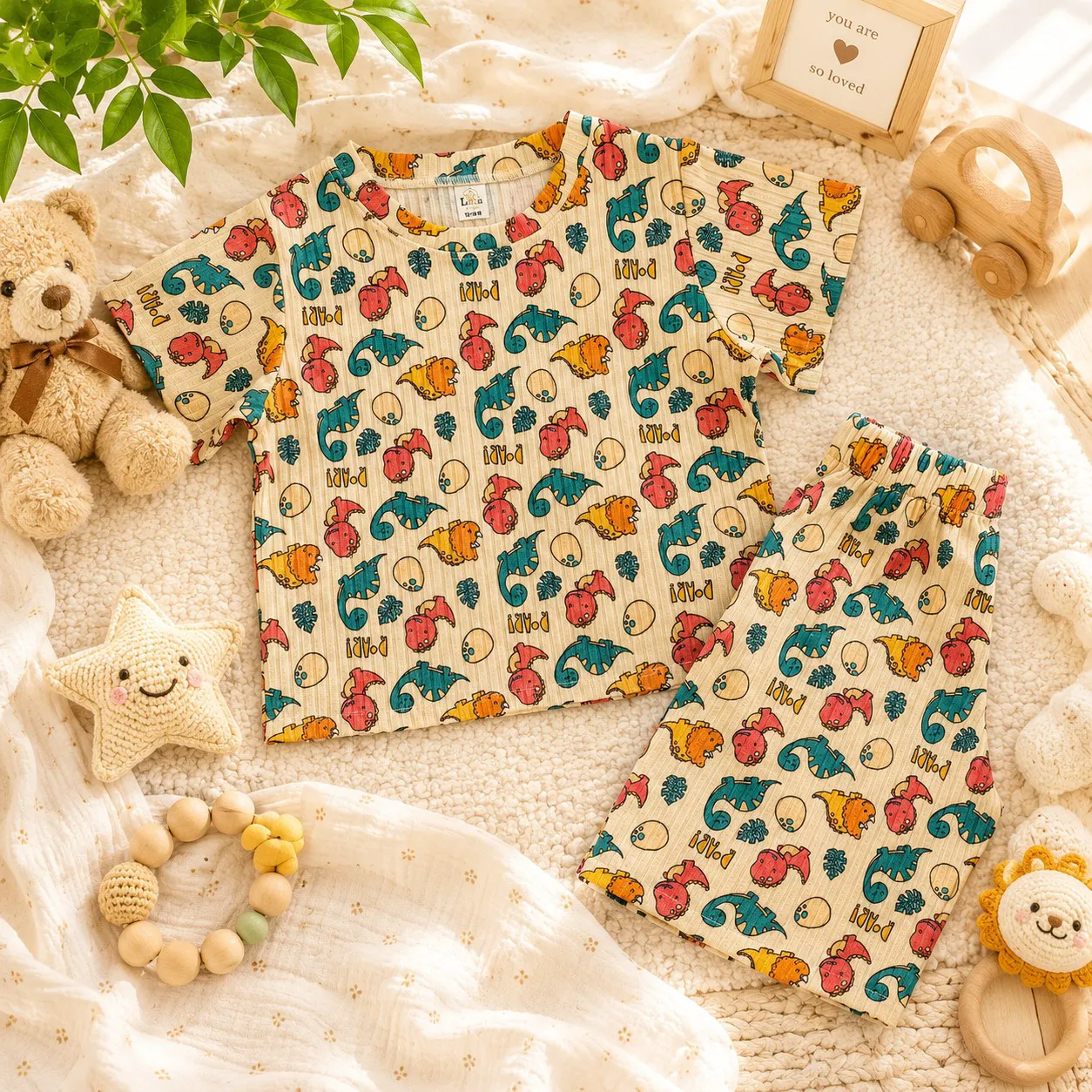 ست تیشرت و شلوارک نوزادی لوکا طرح دایناسور رنگی 6 تا 24 ماه