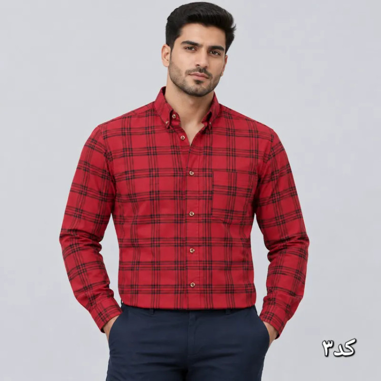 پیراهن چهارخانه مردانه آستین بلند قواره آزاد جنس تترون سایز L تا 2XL