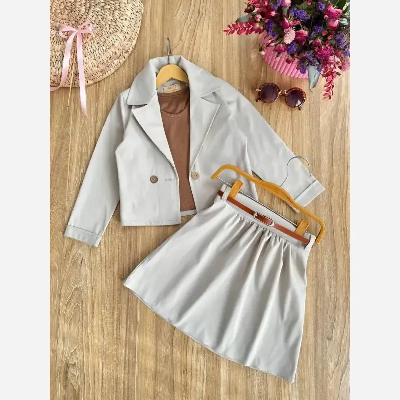 ست پاییزه دخترانه 4 تکه کت و دامن و تاپ و کمربند مناسب 1 تا 3 سال کتان زارا و فانریپ پنبه