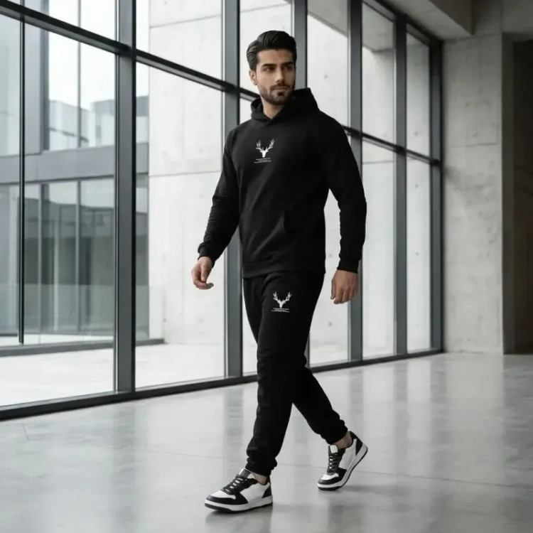 ست هودی و شلوار مردانه مشکی داخل کرک طرح گوزن
