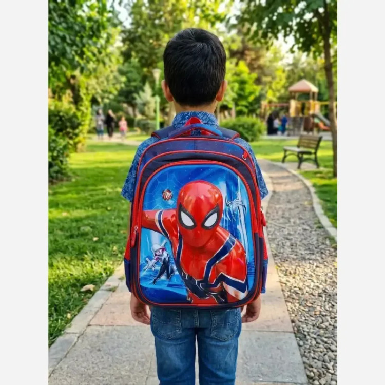 کوله پشتی مدرسه طرح مردعنکبوتی برزنت ضدآب طبی ابعاد 42x33x15 سانتیمتر