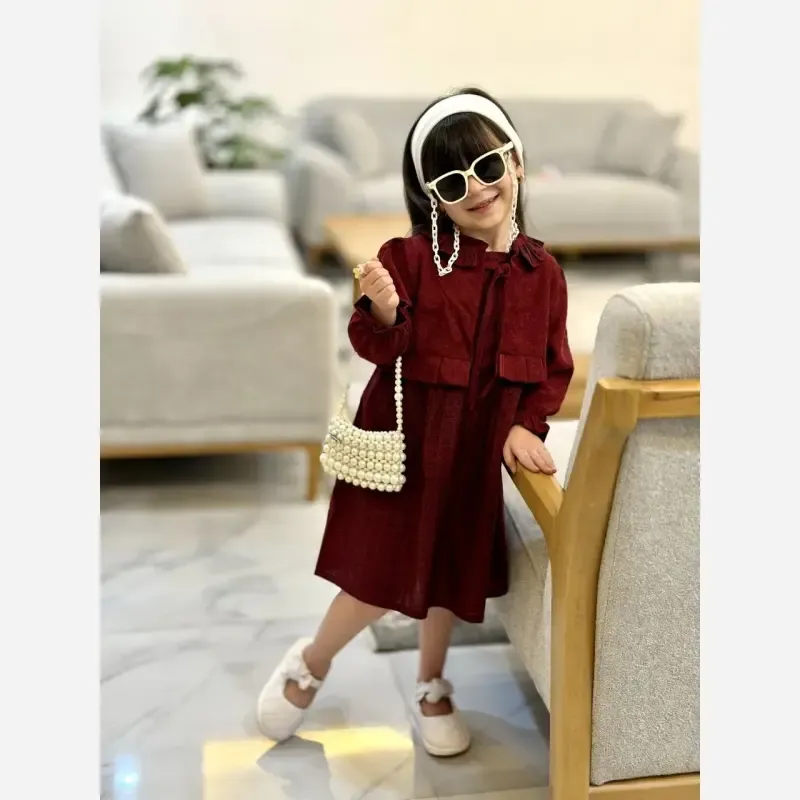 کت و سارافون دخترانه مخمل کبریتی و کتان تافته رنگ زرشکی مناسب 2 تا 9 سال